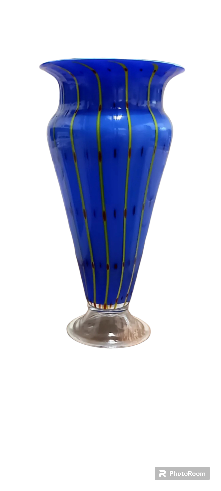 1980s Murano Style BLUE striped with red specks Tall artglass Vase