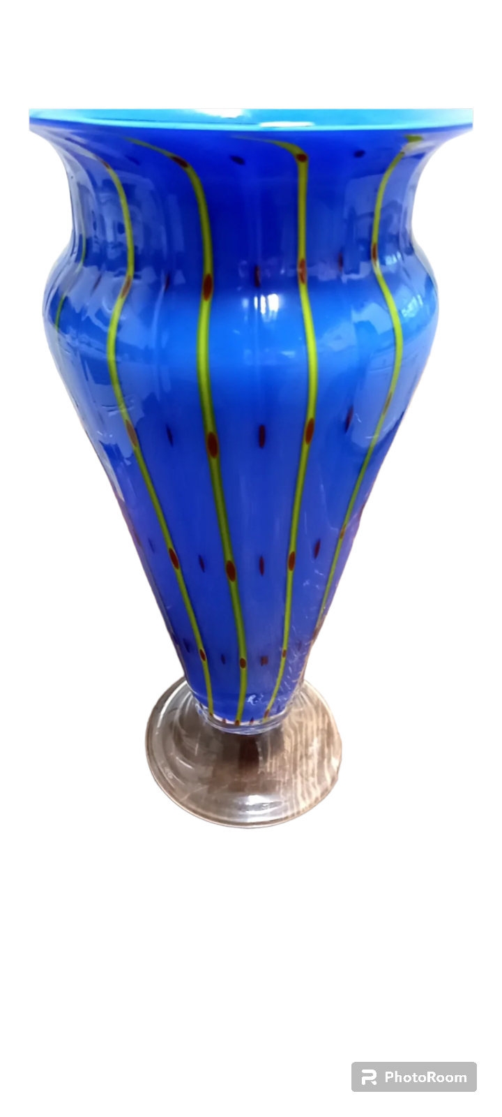 1980s Murano Style BLUE striped with red specks Tall artglass Vase