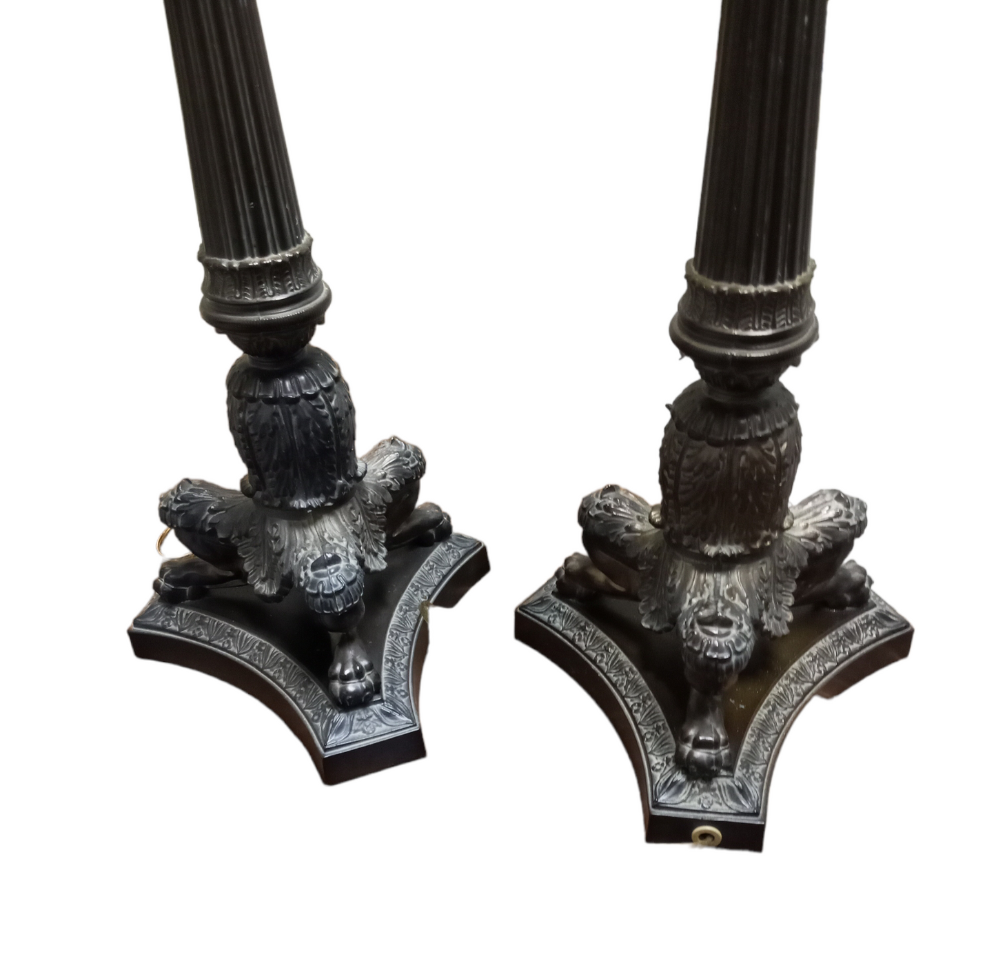 Antique Pair of French Spelter Tripod Lions Foot Lamps 31"
