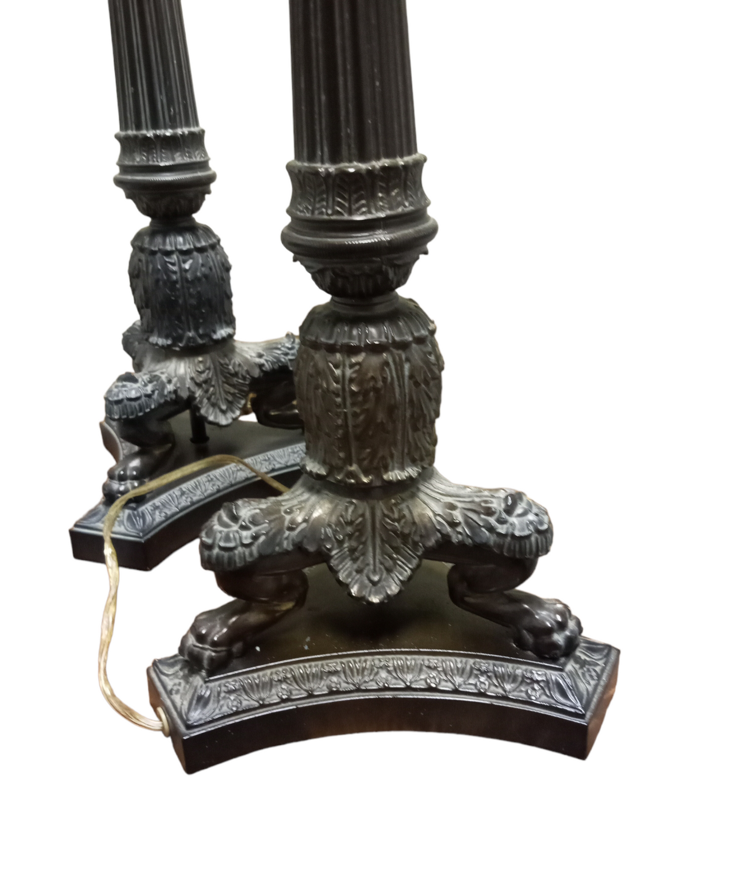Antique Pair of French Spelter Tripod Lions Foot Lamps 31"