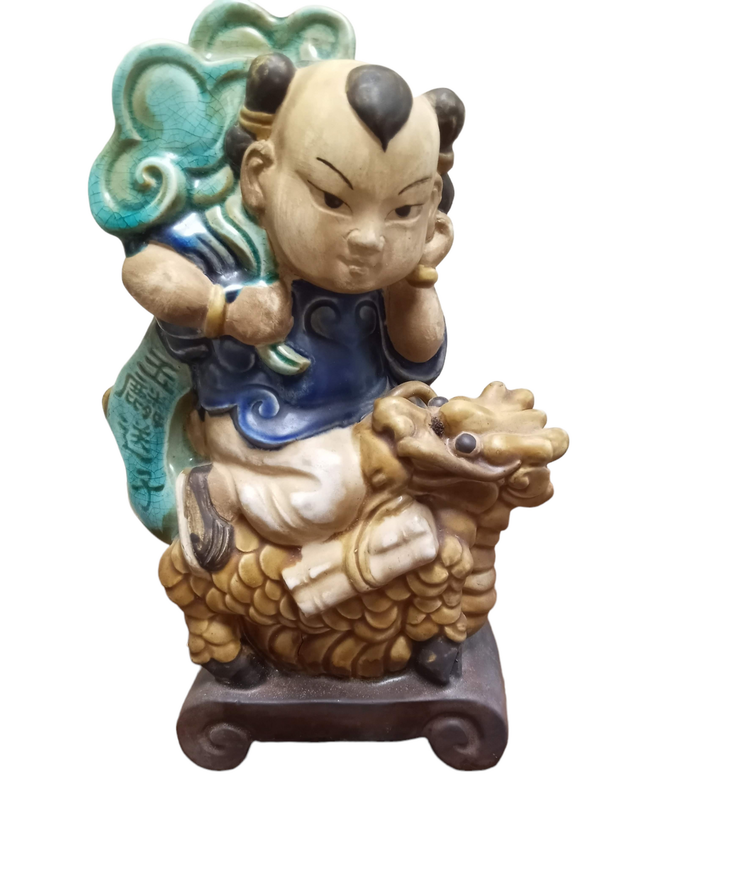 Vintage Ceramic Asian Boy riding A lucky Dragon