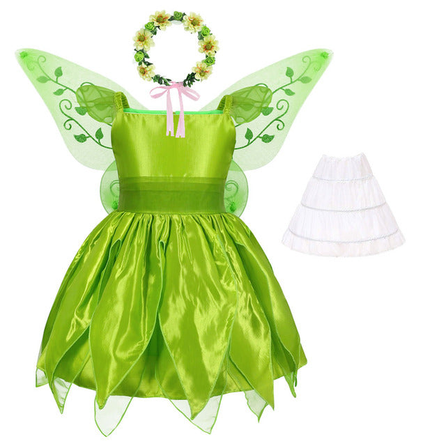Popxstar Tinker Bell Princess Halloween Cosplay Girls Baby Party Green Flower Fairy Tinker Bell Dress Elf Costume Butterfly Wings Set